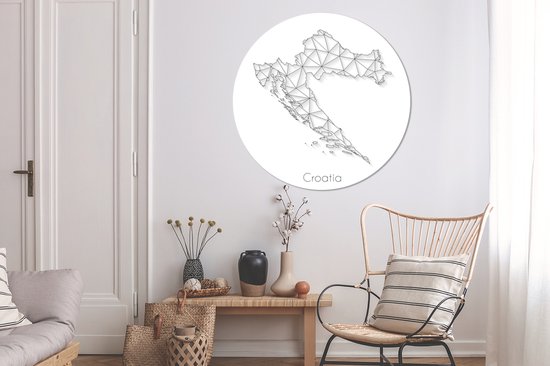 WallCircle - Wandcirkel - Muurcirkel - Kaart van Kroatië gemaakt van lijnen in zwart-wit - Aluminium - Dibond - 140x140 cm - Binnen en Buiten