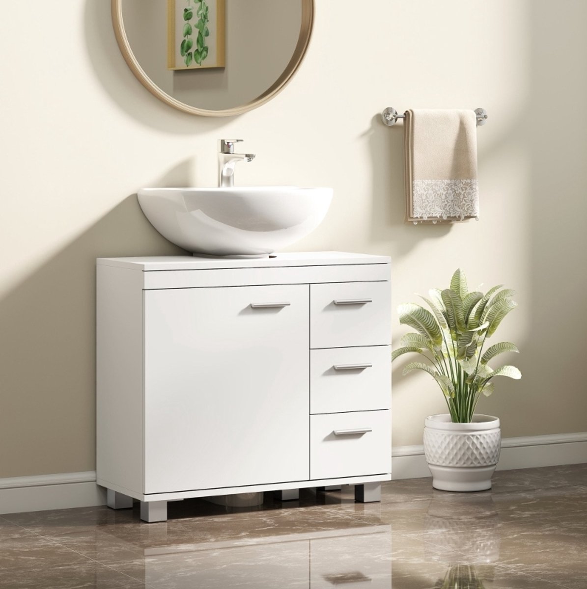 MEUNIQ Wastafelonderkast 70 x 30 x 64 cm met U-vormige uitsparing, 2 planken, 3 lades, soft-close deur en anti-kantel ontwerp voor badkamer, wit