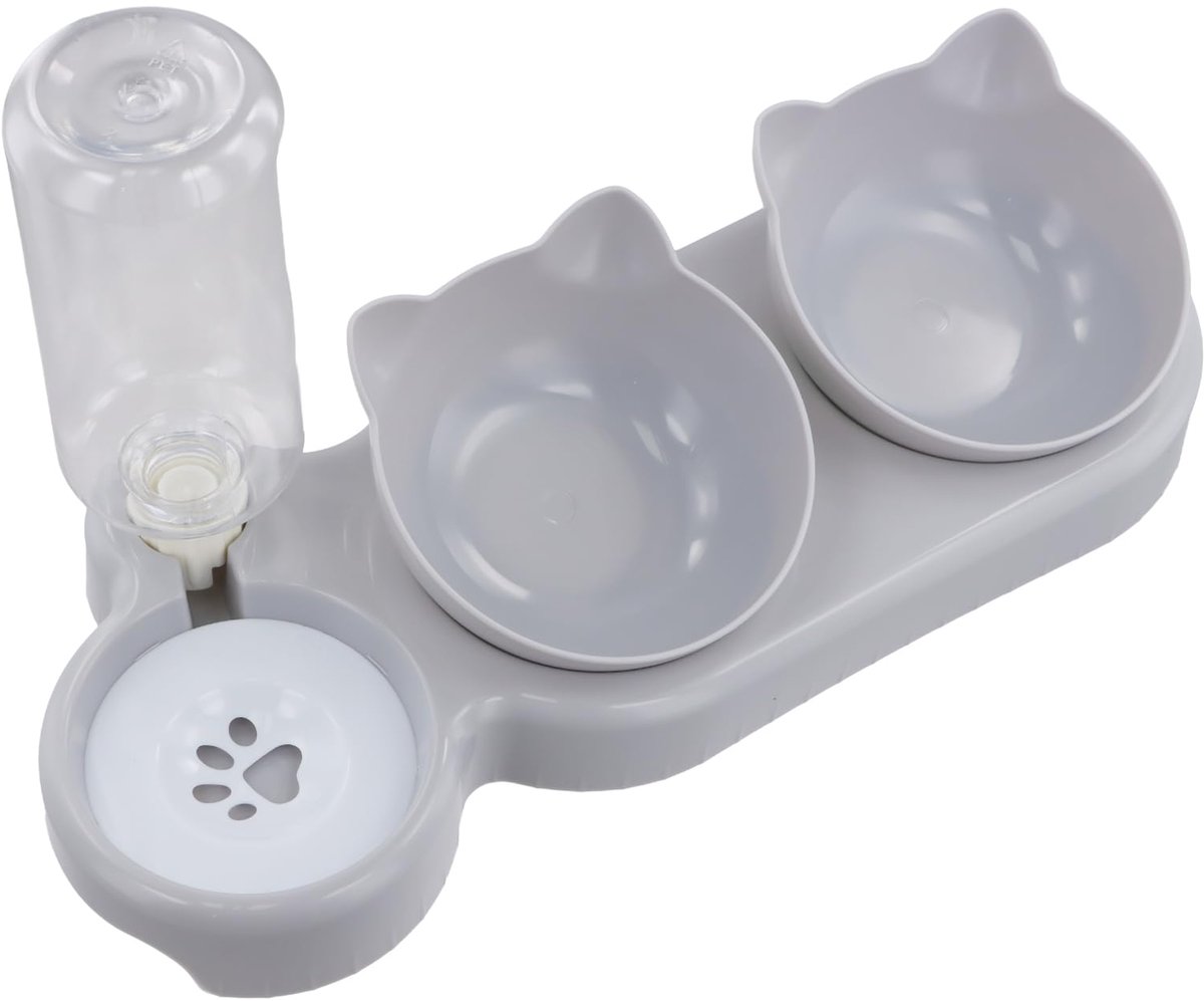 3-in-1 voerbak voor katten, 15° kantelontwerp, bescherming van de cervicale wervelkolom, voerbak voor natte en droge scheiding, 500 ml waterdispenser, verwijderbare onderdelen, duurzaam kunststof