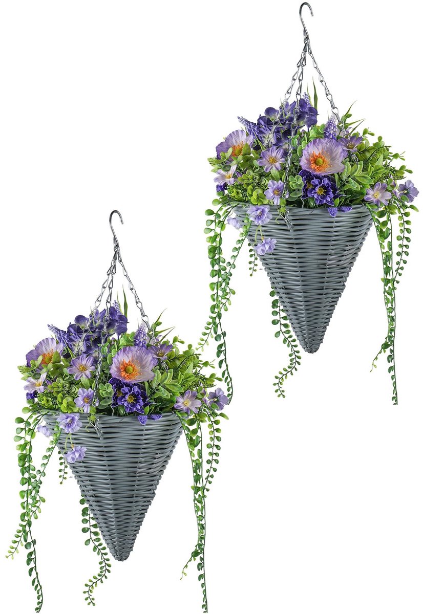 Hangmanden Kunstbloemen 35cm - Kegelvormige Geweven Mand met Paarse Bloemen - Decoratie voor Binnen en Buiten (Terras, Balkon, Tuin)