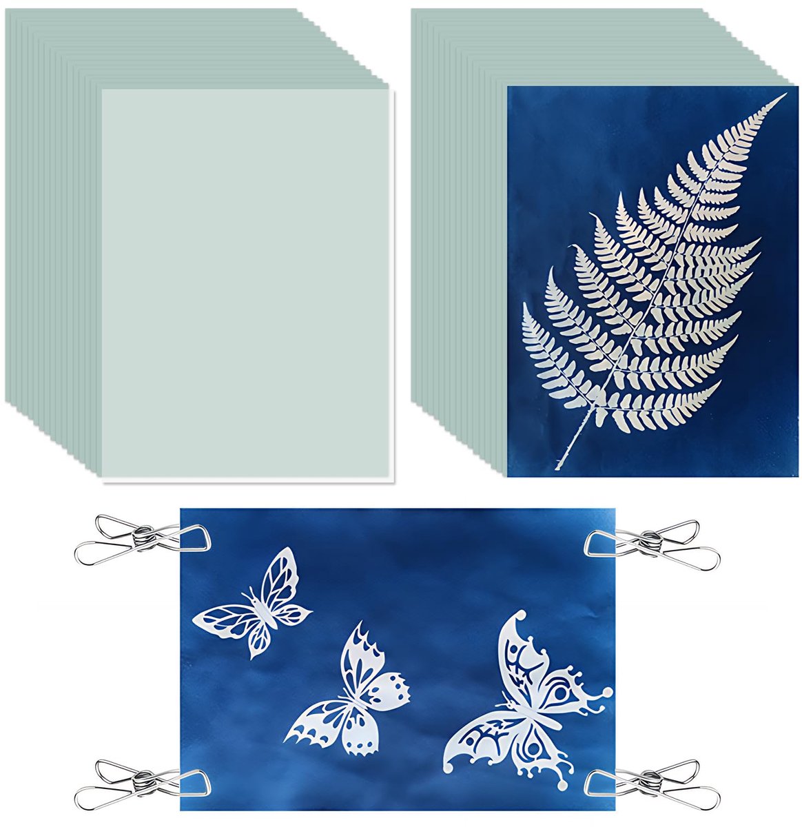 32 stuks A5 cyanotypisch papier, zeer gevoelig zonnedrukpapier, zonnedrukpapier met kunststof gereedschap en klem, zonnedrukpapier voor volwassenen en kinderen, doe-het-zelf knutselen