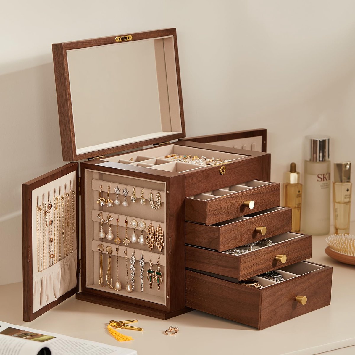 Juwelendoos van Zwart Walnoothout, 5-Laags Sieraden Organizer met 2 Zijdeuren, Spiegel en Slot, Klassiek Ontwerp, Opbergruimte voor Horloges, Kettingen, Cadeau voor Haar