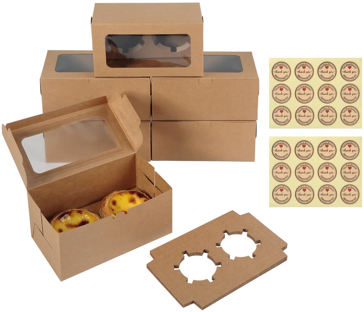 16 stuks Cakebox met 2 gaten, Cake transportbox met raam en inzetstuk, Kraftpapier Muffin Box met 24 stickers, Bruine taartkarton dozen geschikt voor koekjes, muffins, desserts, taarten