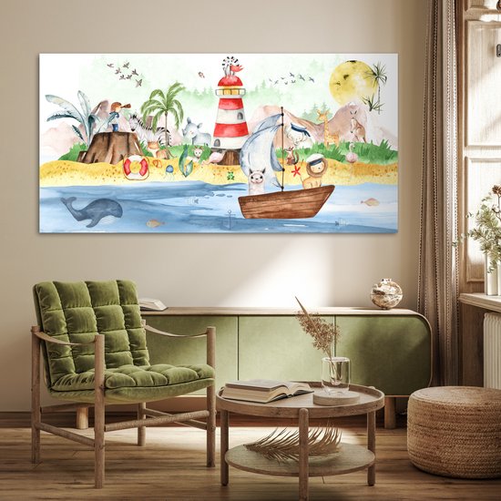 Poster kinderen - Wanddecoratie jongens - Strand - Dieren - Kinderen - Vuurtoren - Poster kinderkamer - 160x80 cm - Decoratie kinderkamers - Kinderkamer decoratie - Poster Babykamer — afbeelding 3
