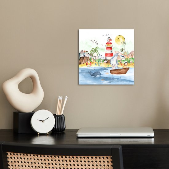 Poster kinderen - Wanddecoratie jongens - Strand - Dieren - Kinderen - Vuurtoren - Poster kinderkamer - 30x30 cm - Decoratie kinderkamers - Kinderkamer decoratie - Poster Babykamer — afbeelding 2