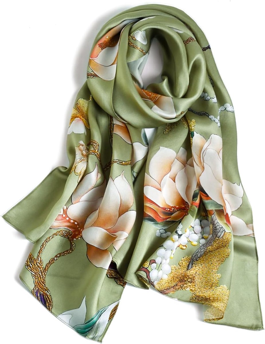 sjaal voor dames, 100% zijde, luxe zijden halsdoek, natuurlijke zijden sjaal voor vrouwen, stola als cadeau, warm, licht en zacht, met motief 53 x 170 cm