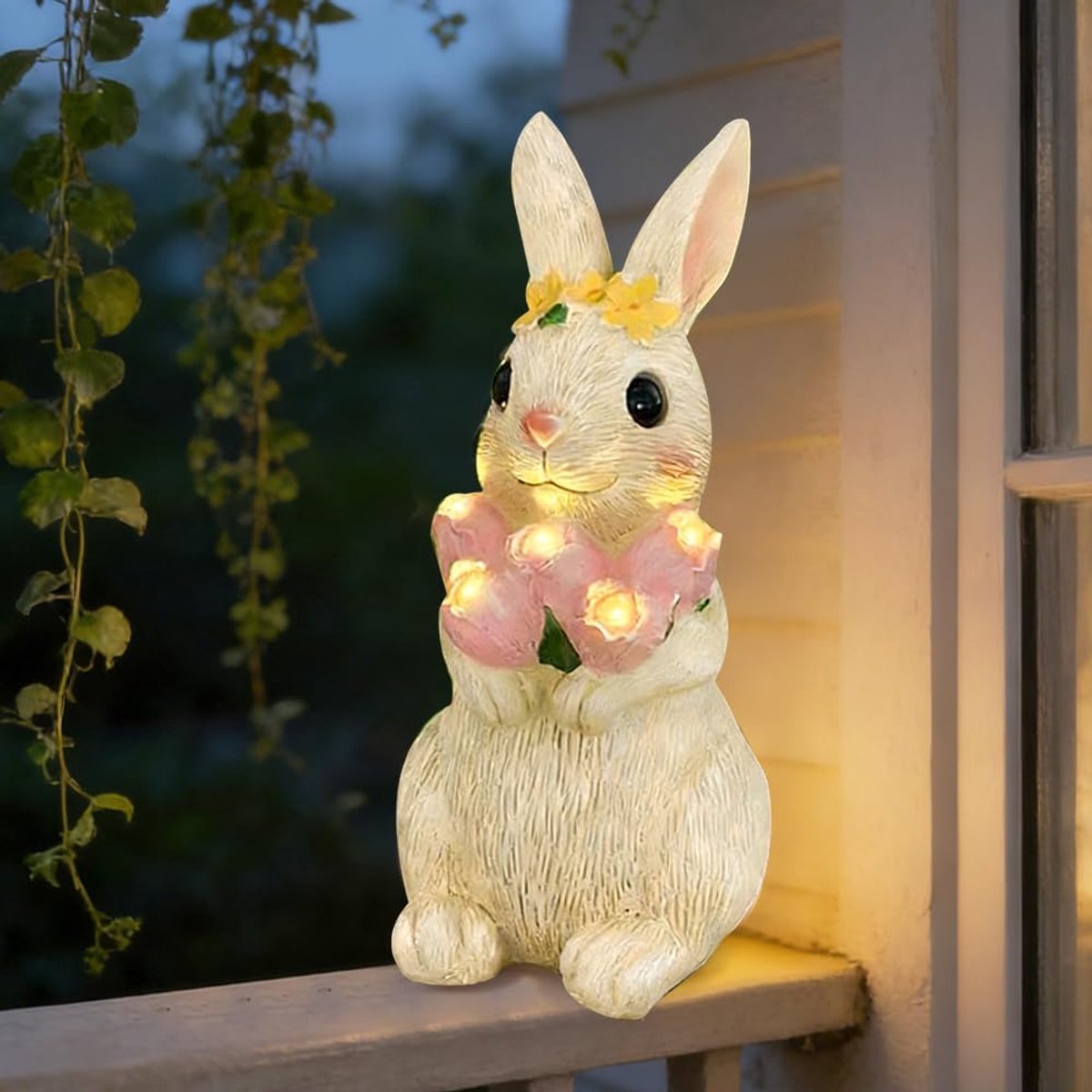 tuindecoratie, 27 cm, konijntje, decoratie op zonne-energie voor buiten, haas met bloemen, knuffelen, voor kamer, buiten, tuin, balkon, terrasdecoratie, paascadeau
