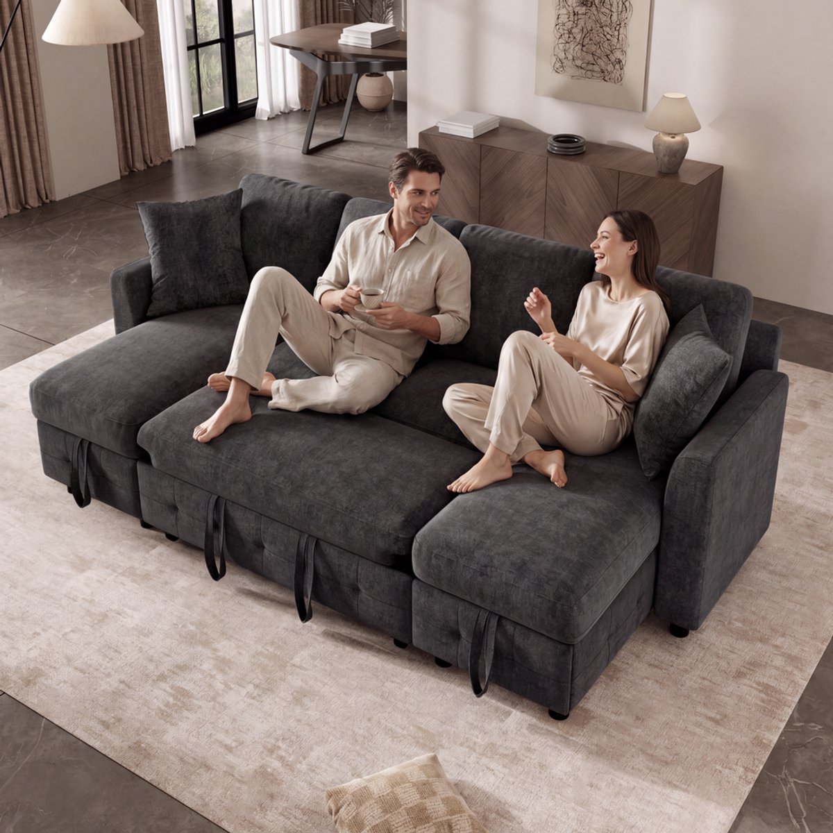 KOMHTOM Hoekbank U-vormige met Slaapfunctie - Chenille Stof - 2 Chaise Longues met Opbergruimte - Uitschuifbare Slaapbank - USB en Type-C Oplaadaansluiting - 2 Kussens - Grijs - Moderne Woonkamer - 260×128×82 cm