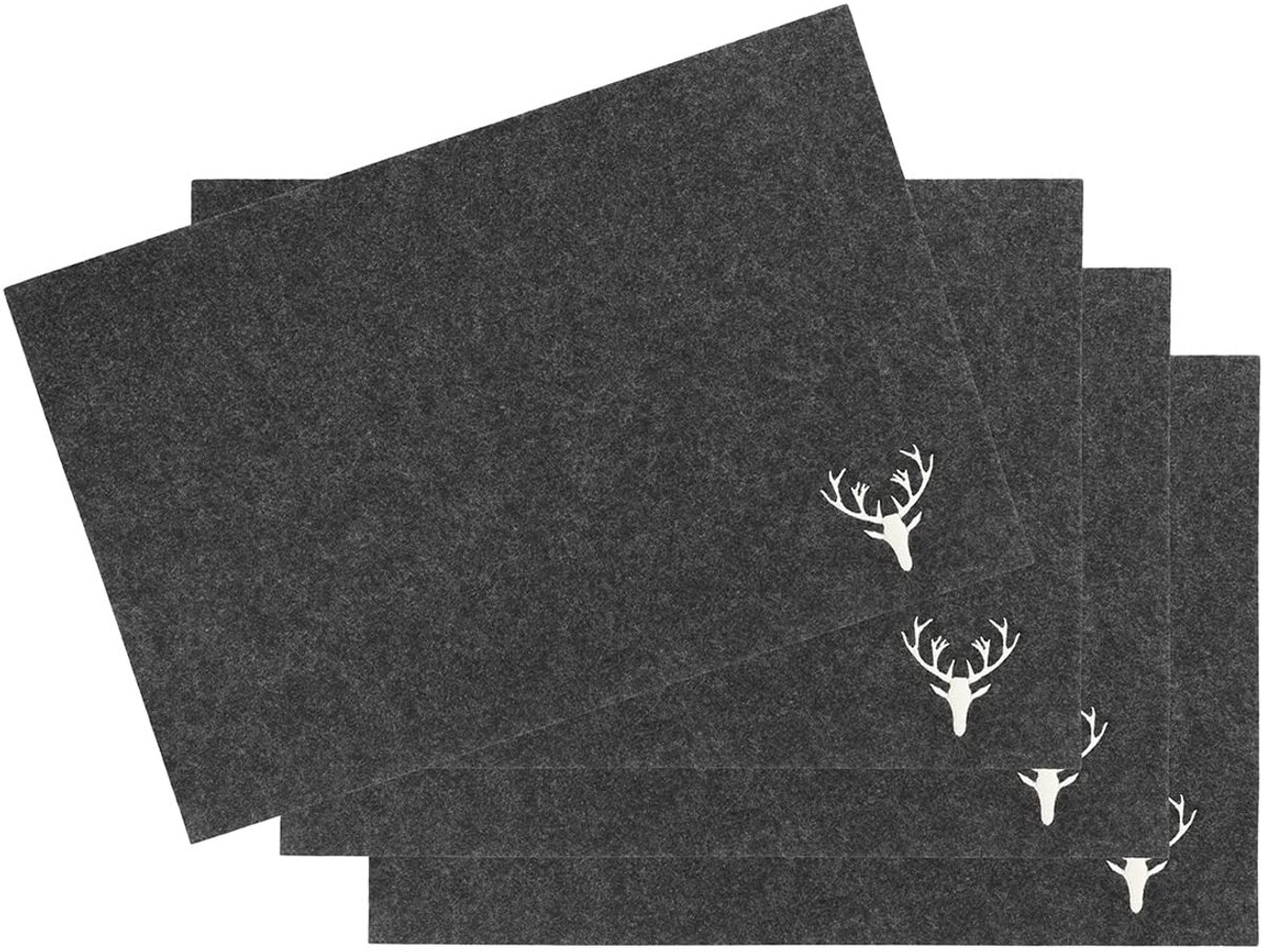 Placemat van vilt 'herten' donkergrijs set van 4 - 45 x 30 cm