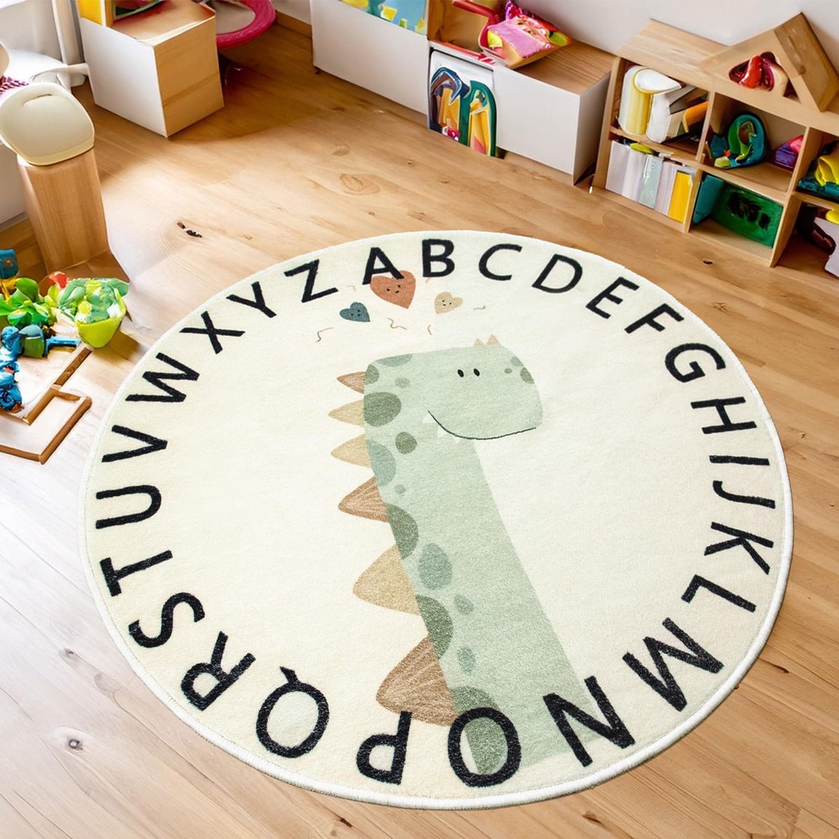 Kindervloerkleed speelmat kinderkamer rond kortfluweel, antislip wasbare speelmat voor jongens meisjes met dierenprint, Maat: 160 cm rond, Kleur: beige