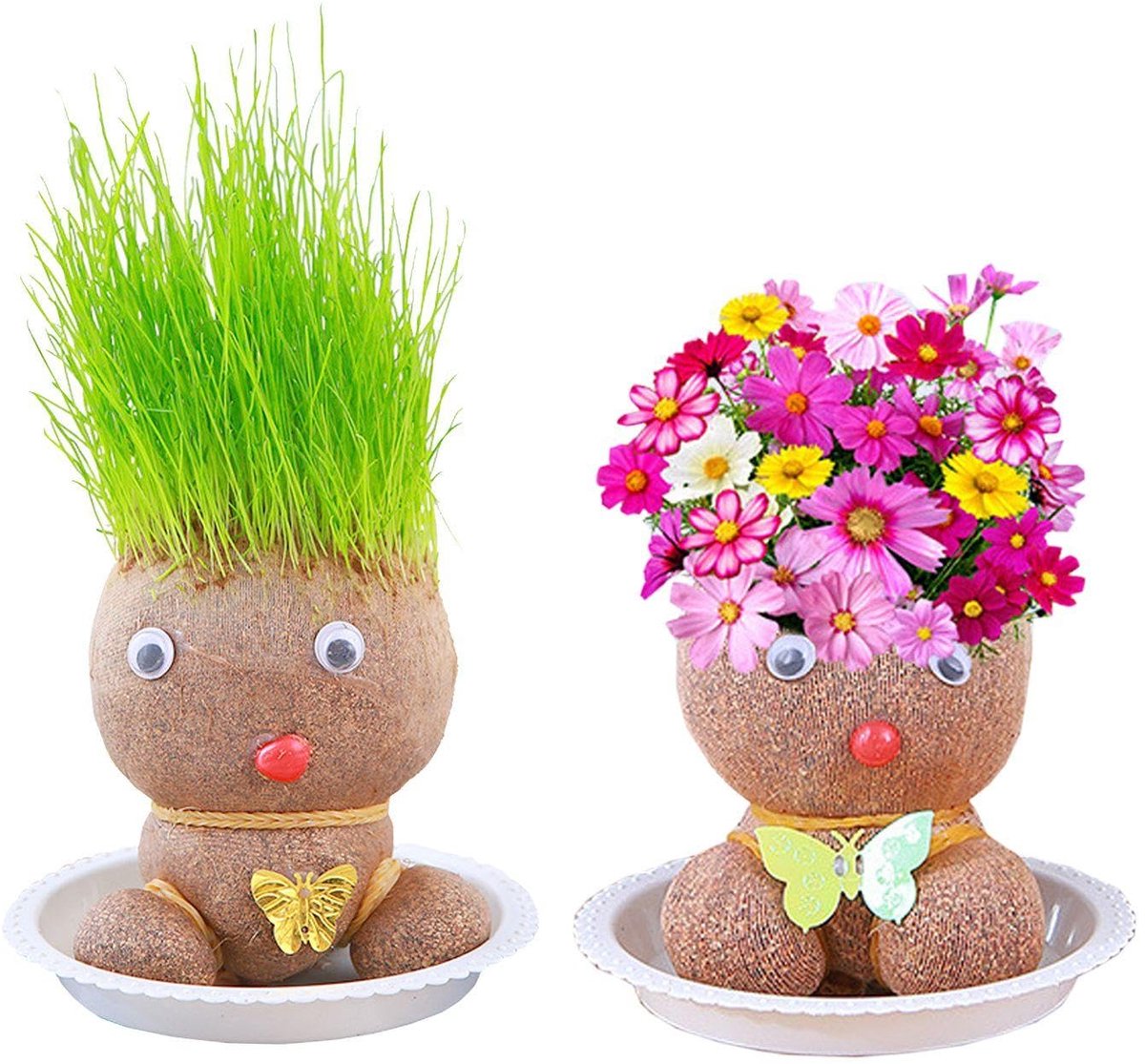 Poppen voor het kweken van planten, 2 stuks trays, poppen met graskop op bloemkop, mini-poppen met bonsai-graskop, groeicadeaus voor kinderen