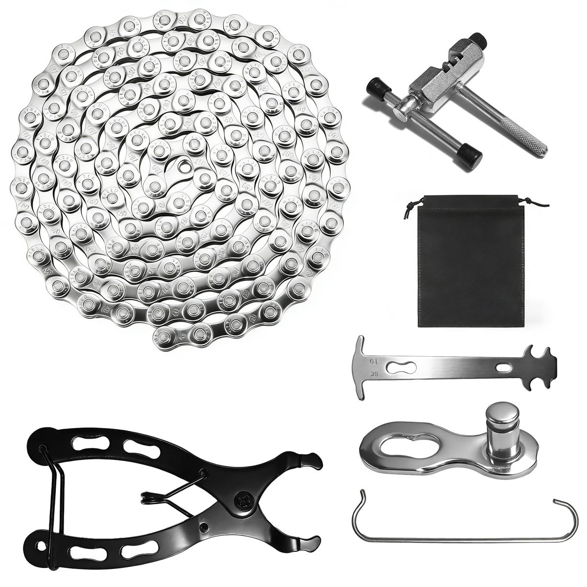 Ketting 1/2 x 3/32 inch (116 schakels) – 6/7/8-voudige ketting met gereedschapsset, kettingklinknagels, schakeltang en 3 kettingsloten voor mountainbike