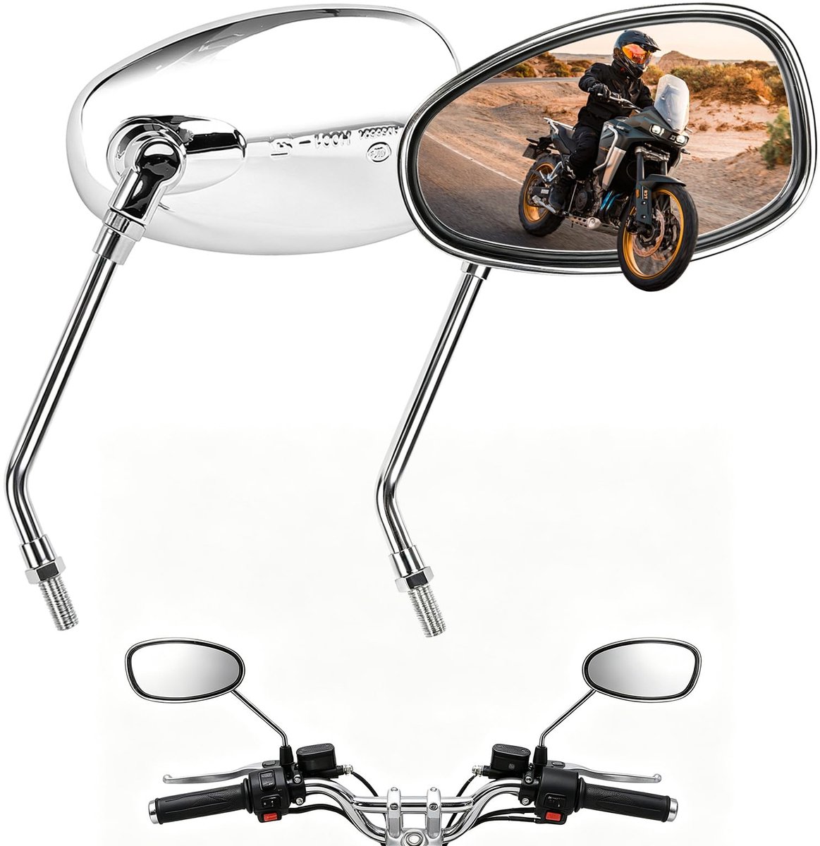Spiegel voor motorfiets, achteruitkijkspiegel, 10 mm, 8 mm, 360 graden draaibaar, voor scooter, street bike, cruiser, chopper, sport, ATV