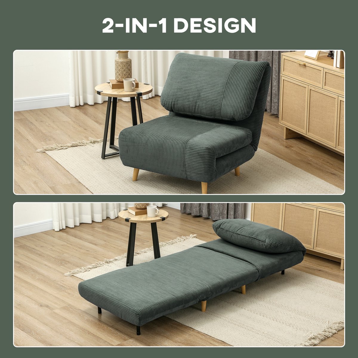 HAUSS SPOLE Fauteuil 2 In 1 Slaapfauteuil Met Verstelbare Rugleuning En Dikke Vulling Voor Woonkamer En Logeerkamer Polyester Groen
