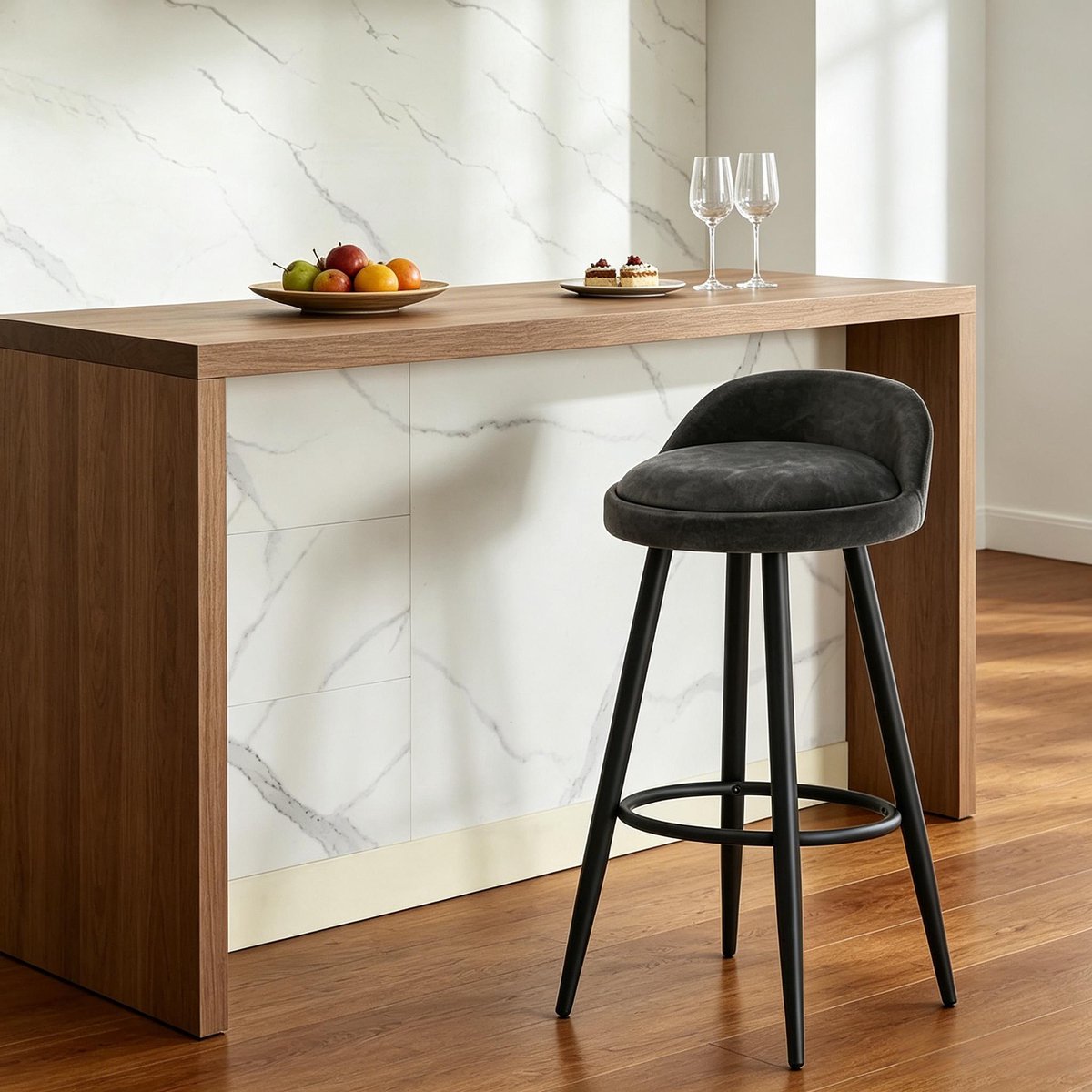 HAUSS SPOLE Barkruk - Barstoel Met Rugleuning En Voetsteun - Comfortabele Werkkruk Voor Keuken, Bar En Bistro - Kunstleer Antraciet Anthracite