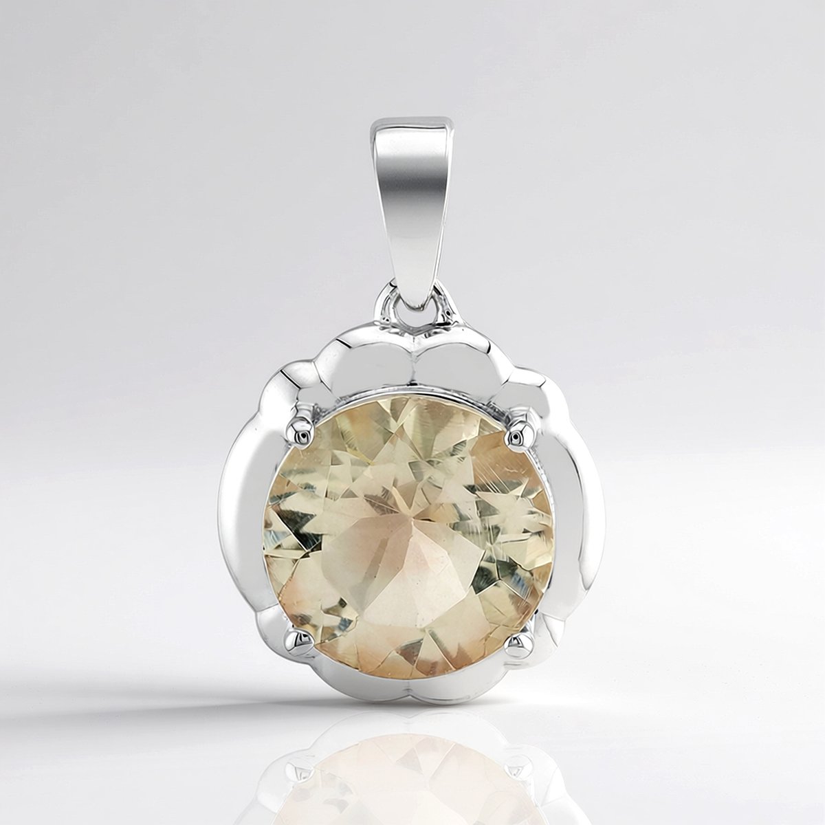 Cavill - Zilveren Hanger 925 Sterling Zilver Gerhodineerd - Oregon Zonnesteen 2,1 ct Rond Facetgeslepen - Elegante Beige Sieraad
