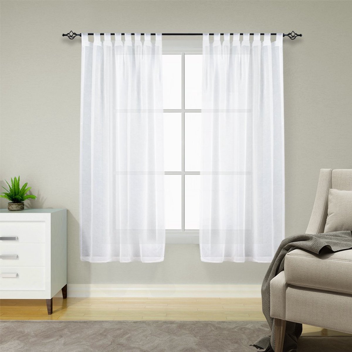 Gordijnen met lussen, moderne vitrage, linnenlook, H 145 x 140 cm (h x b), wit