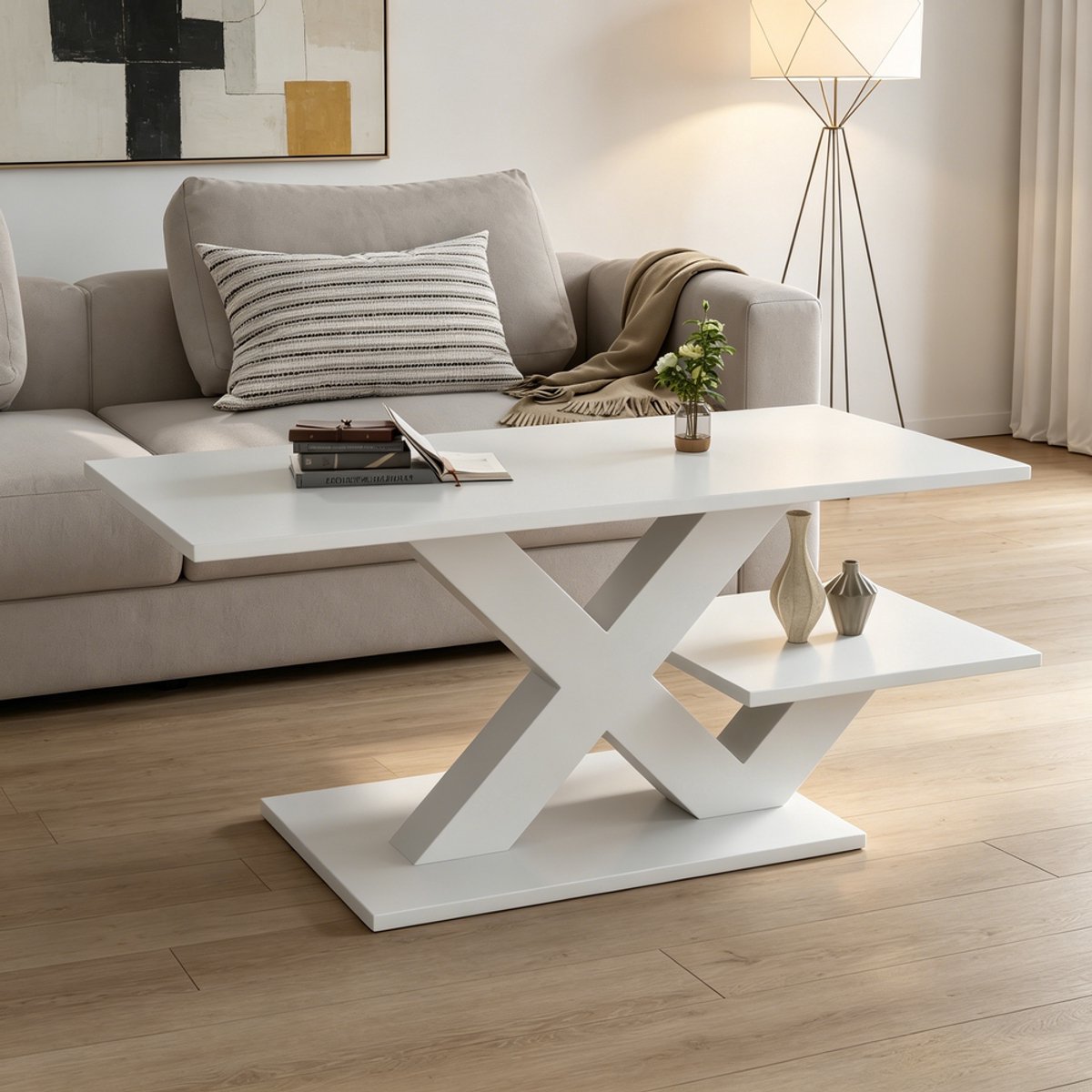 KOMHTOM Salontafel - Wit Hoogglans - Rechthoekig 100x48x45cm - Dubbel Blad MDF - X-vormige Metalen Poten - Moderne Woonkamertafel met Opbergruimte