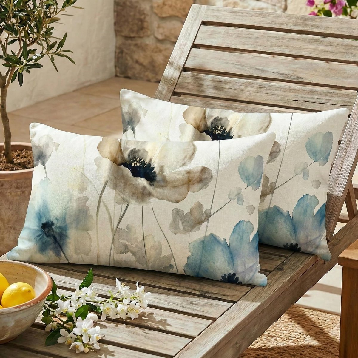 Set van 2 waterdichte kussenslopen 30 x 50 cm Outdoor kussenhoezen met bloemen, decoratieve kussenslopen, retro sofakussen, decoratieve kussenhoezen van polyester voor tuin, bank, woonkamer