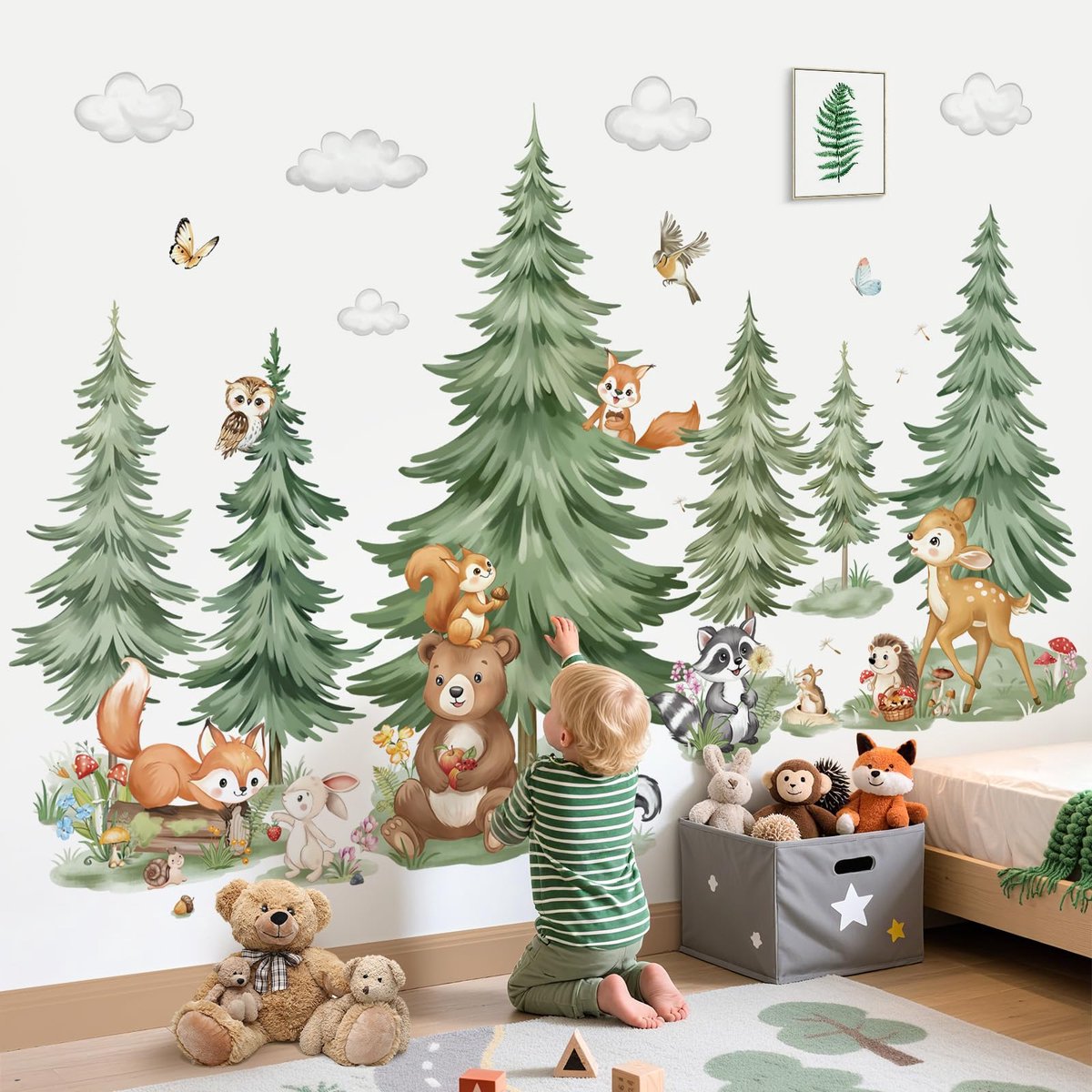 decalmile Muursticker Boom Grote Dennenboom Muurtattoo Bosdieren Hert Beer Vos Muursticker Kinderkamer Babykamer Slaapkamer Wanddecoratie