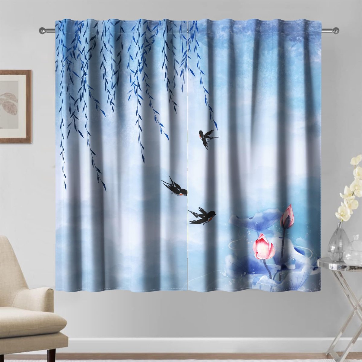 107 x 160 cm 2 Panelen Chinese Schilderen Gordijnen, Lente Landschap Wilg Huilende Blauwe Zwaluwen Rivier Lotus Bloem Bladeren Tekening Aquarel Raamgordijnen voor Woonkamer Slaapkamer