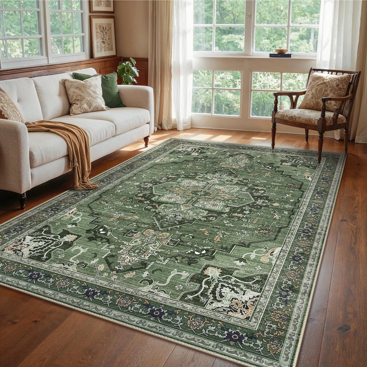 Vloerkleed Vintage, Antislip Tapijt voor Woonkamer, Slaapkamer of Keuken, Antislip Onderkant Duurzame Vloermat, Bosgroen, 200x290CM