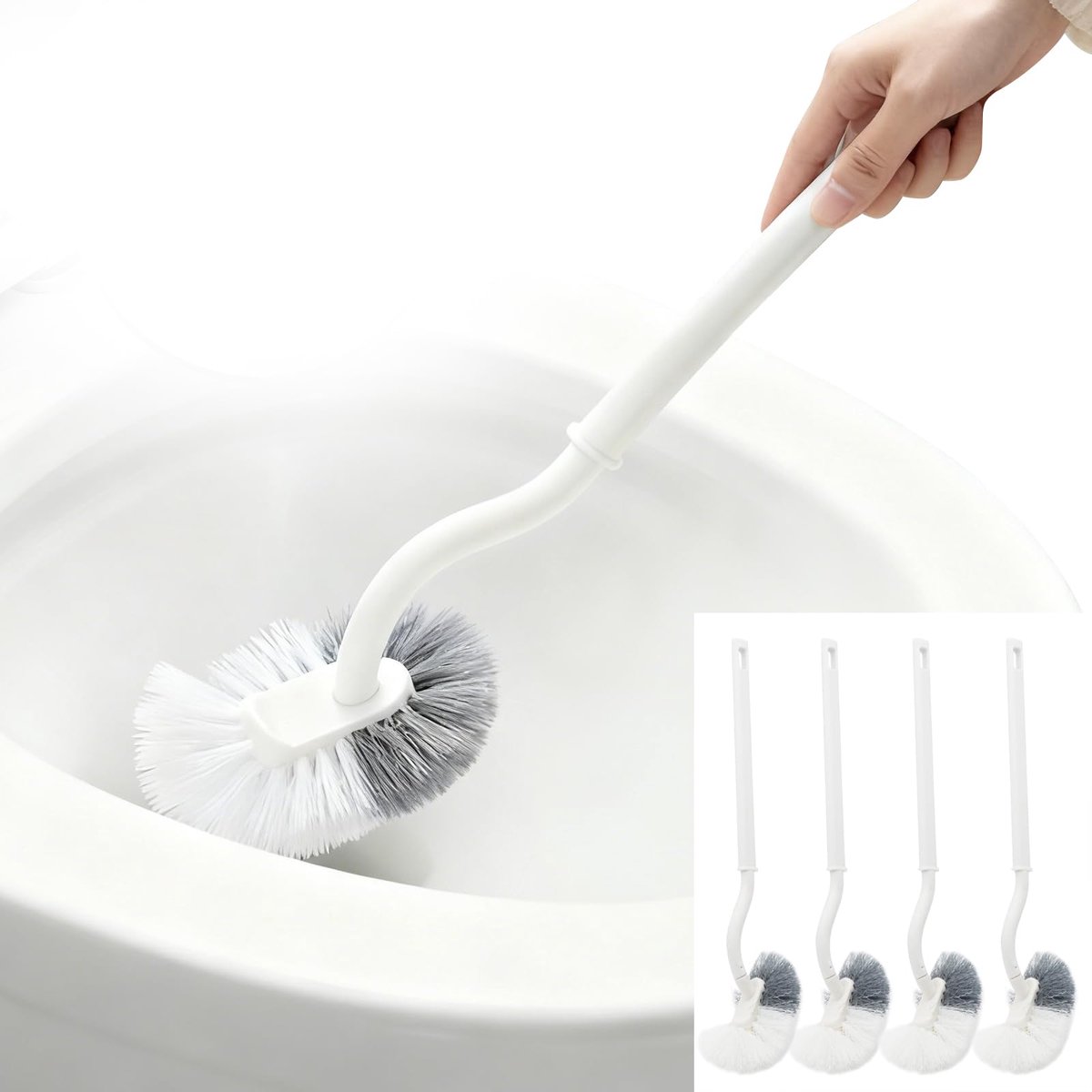 4 stuks toiletborstelset met 4 haken, toiletborstel gebogen met randreiniger voor 360° dieptereiniging, duurzame wc-borstel met nylon borstels voor badkamer, gastentoilet, camper