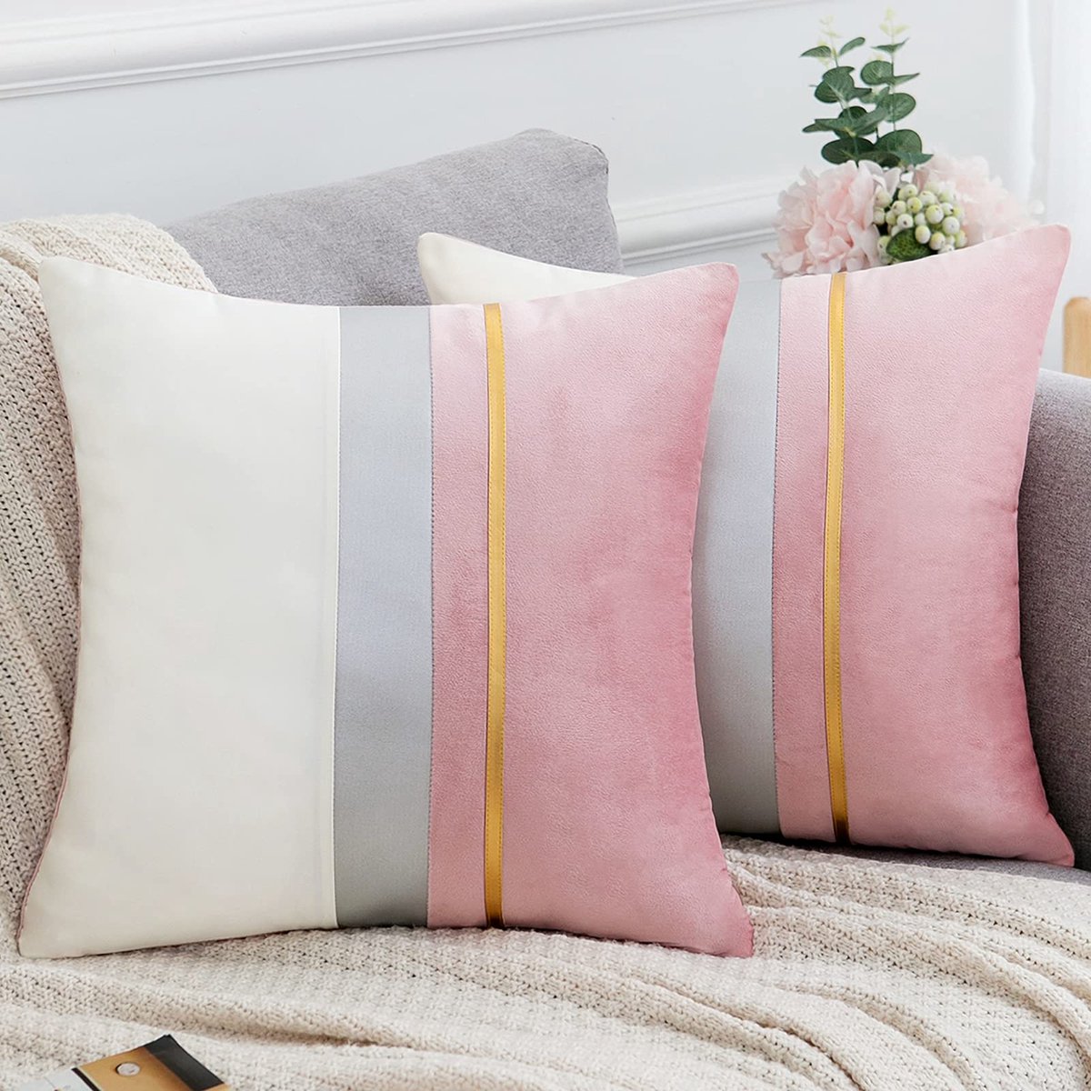 kussenslopen, 50 x 50 cm, voor woonkamer, bank, 2 stuks, vierkant, slaapkamer, decoratie, patchwork, kussenslopen met goudkleurig gestreept, roze