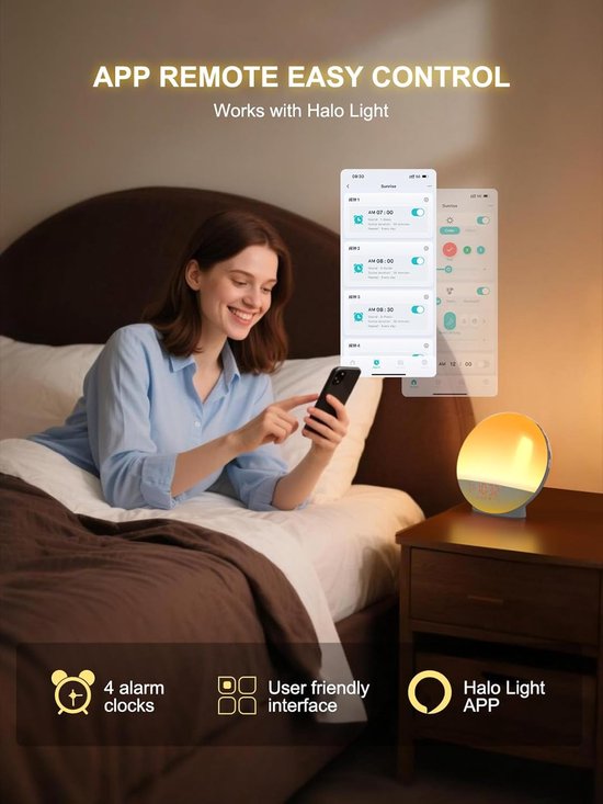 Wekker Lamp - Nachtlampje Sfeerverlichting - Rustig Ontwaken - Zonsopgang Simulatie - 20 Helderheidsniveaus - Geel — afbeelding 4