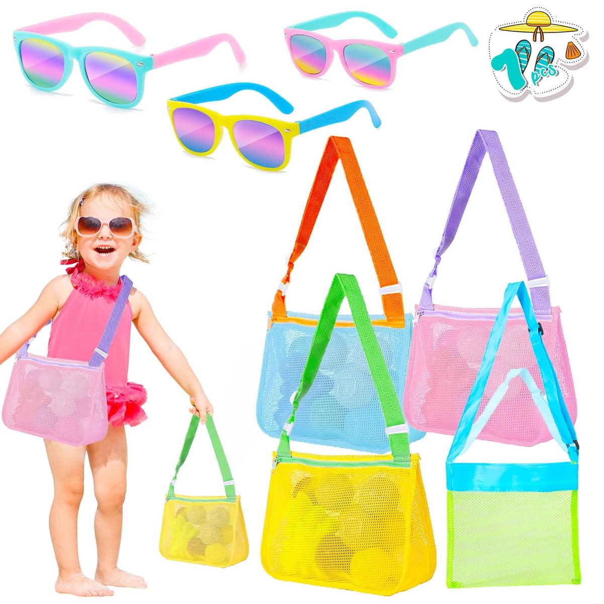Dailygoods- Zandspeelgoedtas 4 stuks - Verstelbare Strandschelptas - Speelgoedtas voor Onderweg - Zonnebrillen UV400 - Geschikt voor Strand/Zwembad - Strandtas