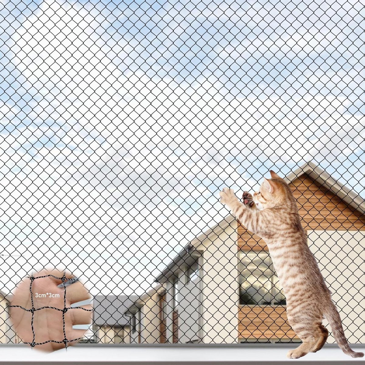 Dailygoods- Kattennet Balkon 6 x 3 m - Draadversterkt - Kattenbeschermingsnet - Bevestigingskoord 19 m - Veiligheidsnet - Robuuste Structuur - Balkonnet