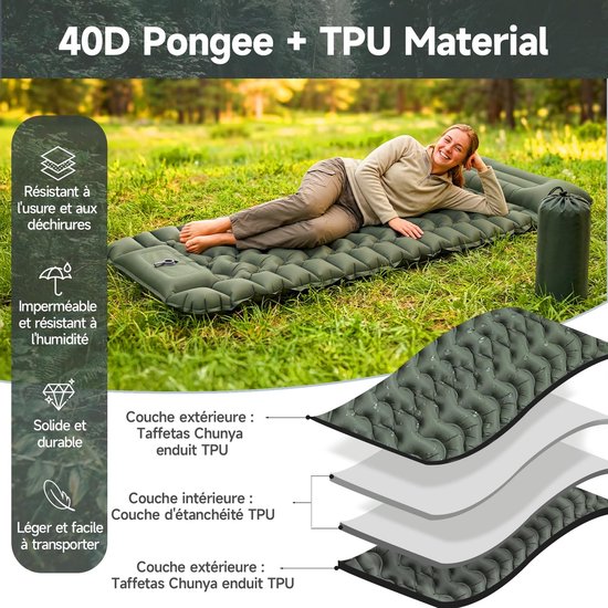 Solidchoice- Luchtmatras Ultralicht - Campingluchtmatras - Opblaasbaar - Geïntegreerd Kussen - 196 x 74 x 9 cm - Duurzaam 40D TPU - Slaapmat van Solidchoice — afbeelding 2