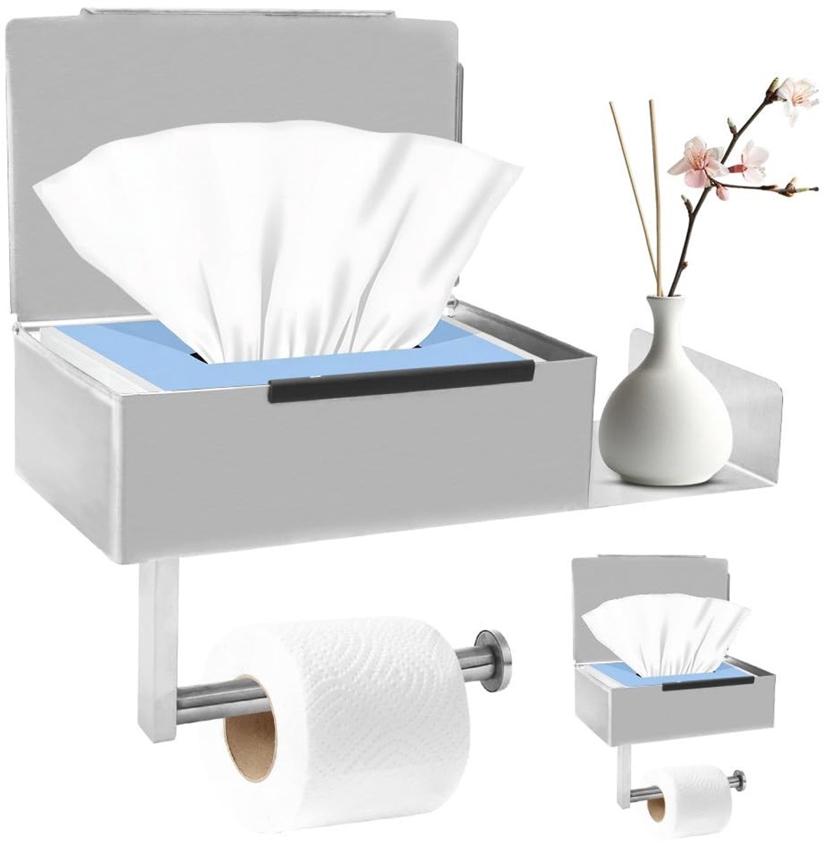 Dailygoods - Toiletpapierhouder zonder boren, wc-papieropslag met plank en box voor vochtige doekjes, wc-papierhouder, roestvrij staal, voor badkamer, keuken, toilet
