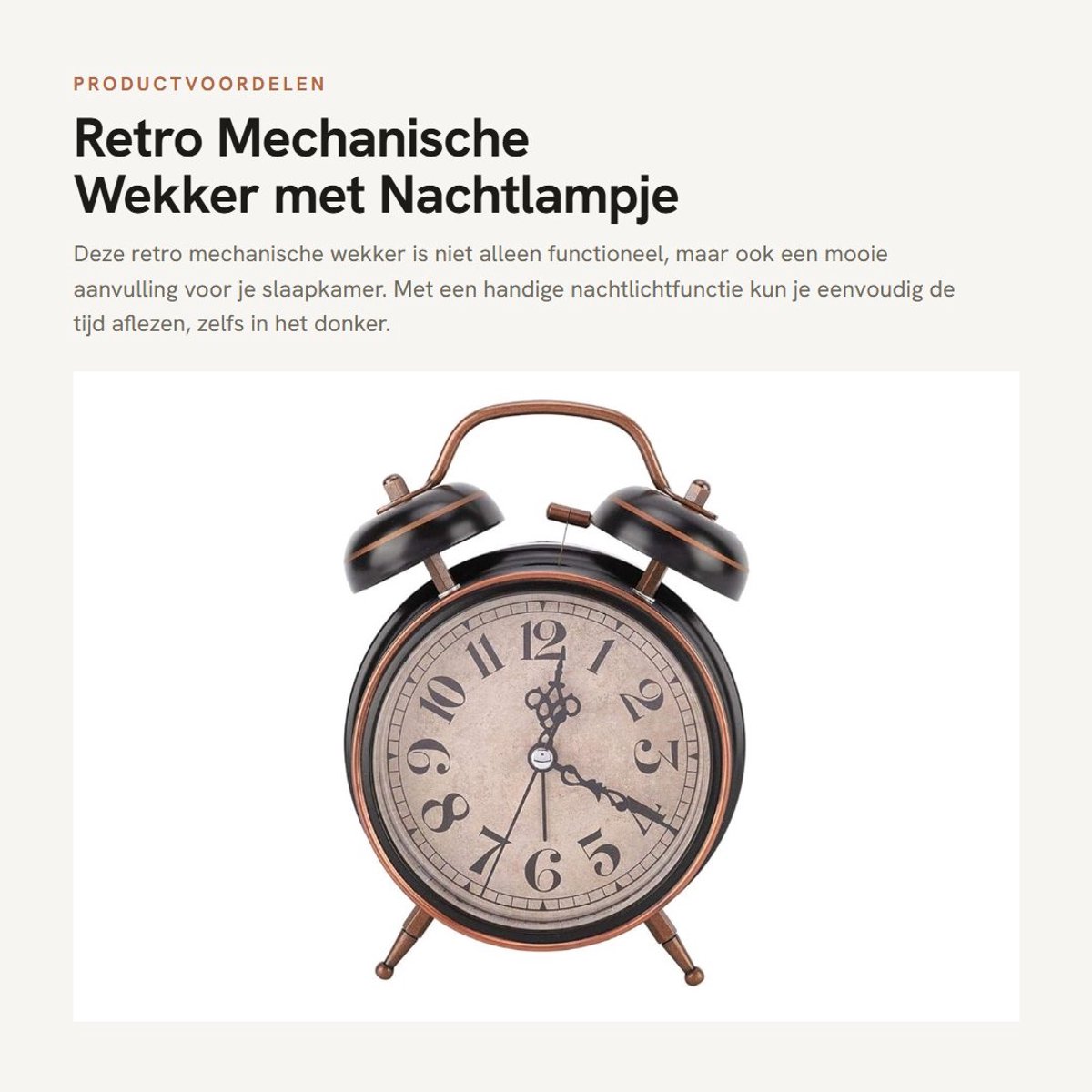 Dailygoods- Mechanische Wekker 4" Retro - Nachtlampje - Handklok - Dubbel Bel - Instelbare Alarmtijd - Kunststof 16 x 12 cm