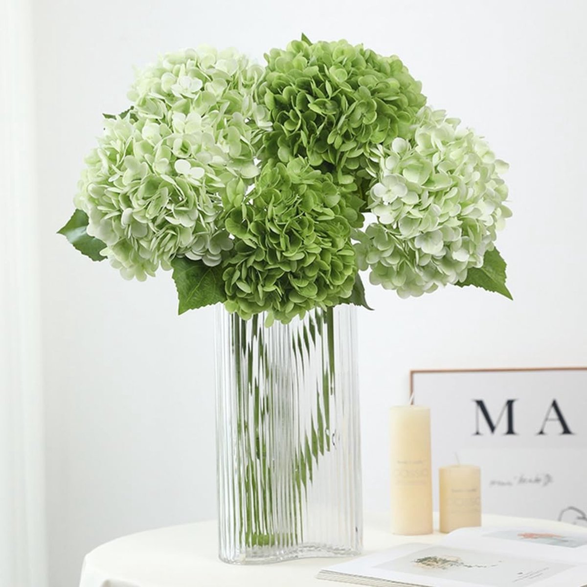Dailygoods- Hortensia Kunstbloemen 50 cm - 4 Stuks - Real Touch Latex - Donkergroen/Lichtgroen - Blauw/Wit - Perfect voor Bruiloft Decoratie