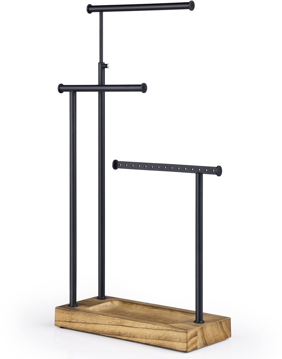Dailygoods- Sieradenstandaard Draaibaar - 3 Staven - Houten Sokkel - Sieradenorganizer - Voor Halskettingen/Oorbellen - Verstelbare Hoogte 51 cm - Sieradenhouder