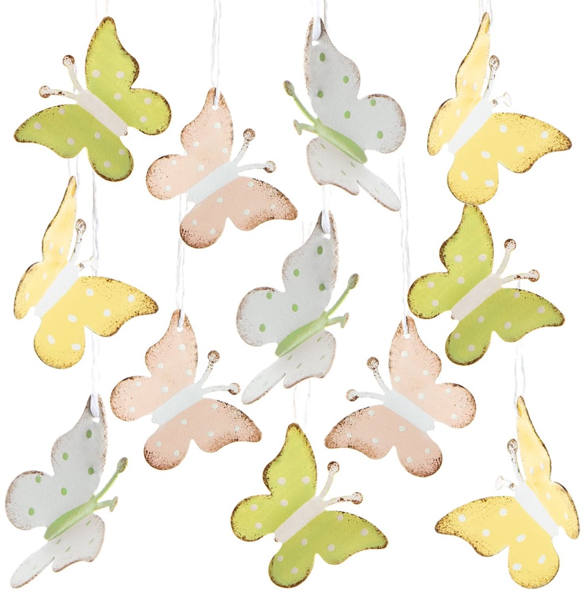 Dailygoods- Vlinder Hanger 12 Stuks - Metalen Decoratie - Roze/Geel/Groen - Lenteversiering - Cadeauhanger - 4,5 cm groot - Decoratiehangers