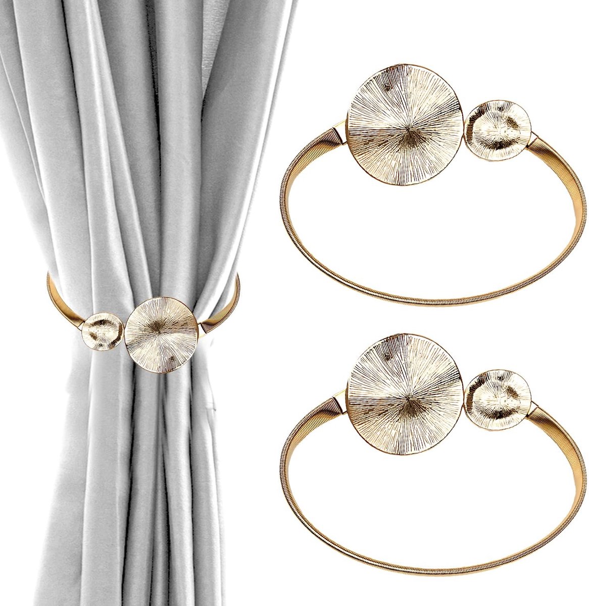 Dailygoods - 2 Stuks Gordijnhouders | Gordijnbinders met metalen veren, houders voor huis- en kantoorinrichting (Gouden Schijf)