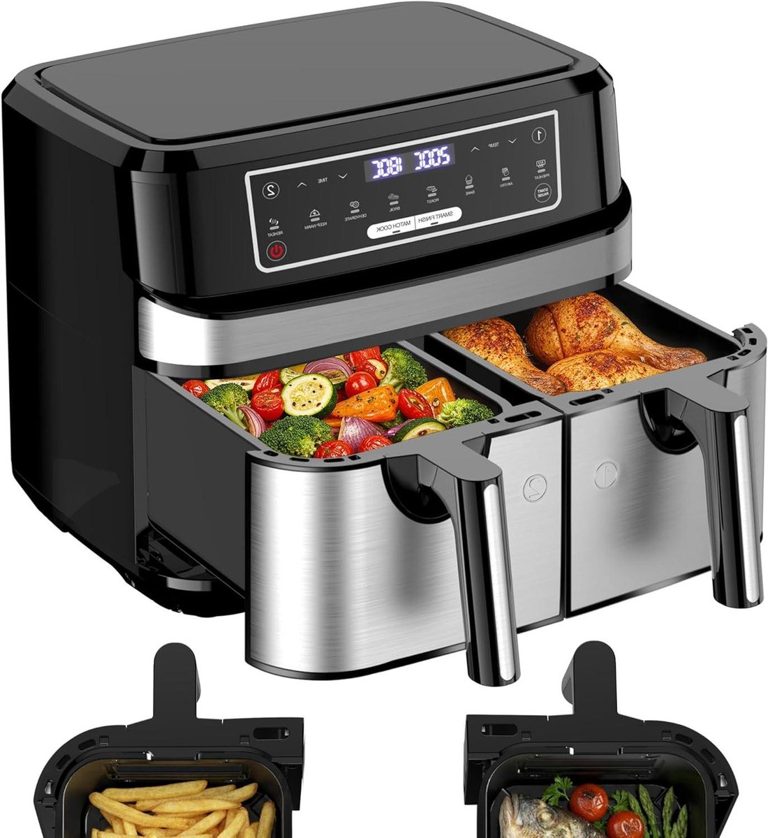 Airfryer Dubbel Compartiment - Dubbele Lade - Gezond Koken - Slimme Finish Functie - 9 Liter Totaal - Zilver