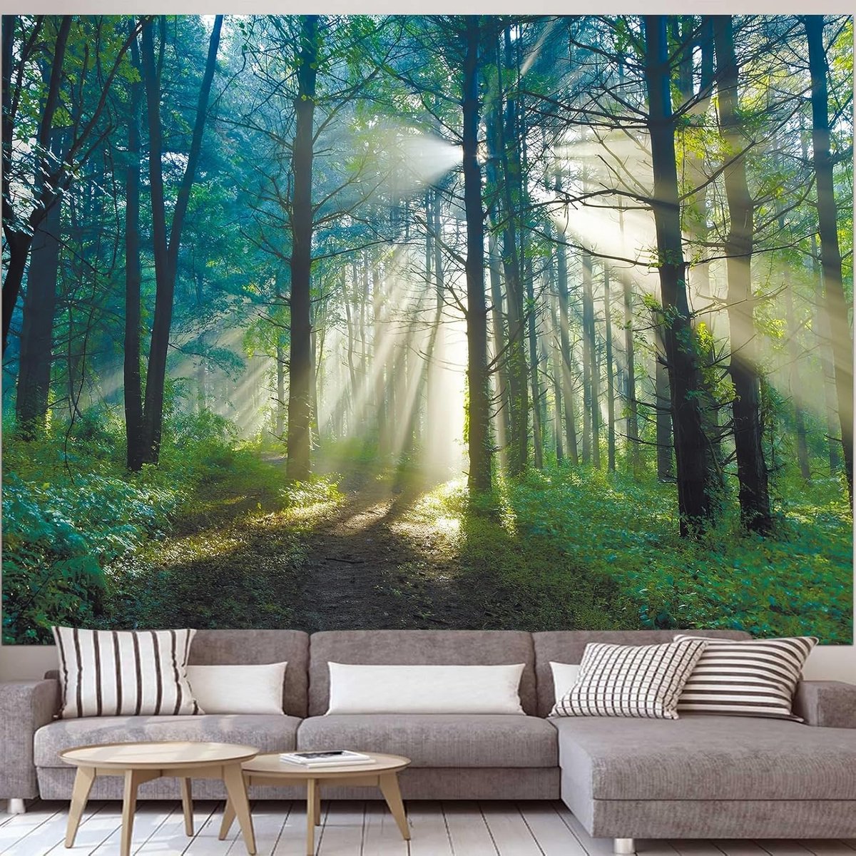 Wandtapijt natuur landschap wanddoek bos hemel mist wandkleed jungle tapijt groen mistige ochtend in het bos microvezel 240x200cm (breedte x hoogte)