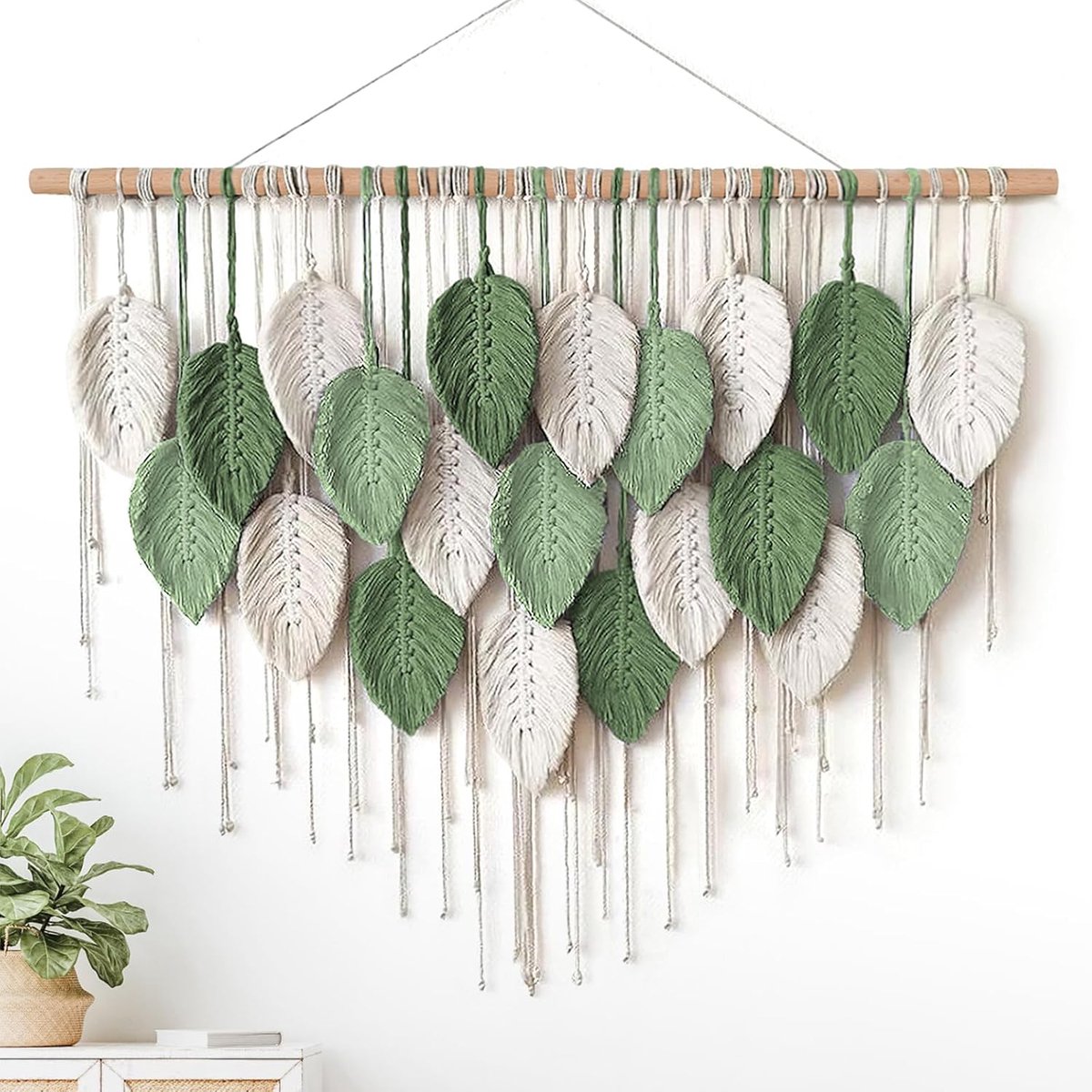 Groot wandtapijt, boho macramé geweven, handgemaakt, met kwastjes, blad, muurtapijt, Boheemse muurdecoratie voor slaapkamer, woonkamer, galerij, achtergrond, E