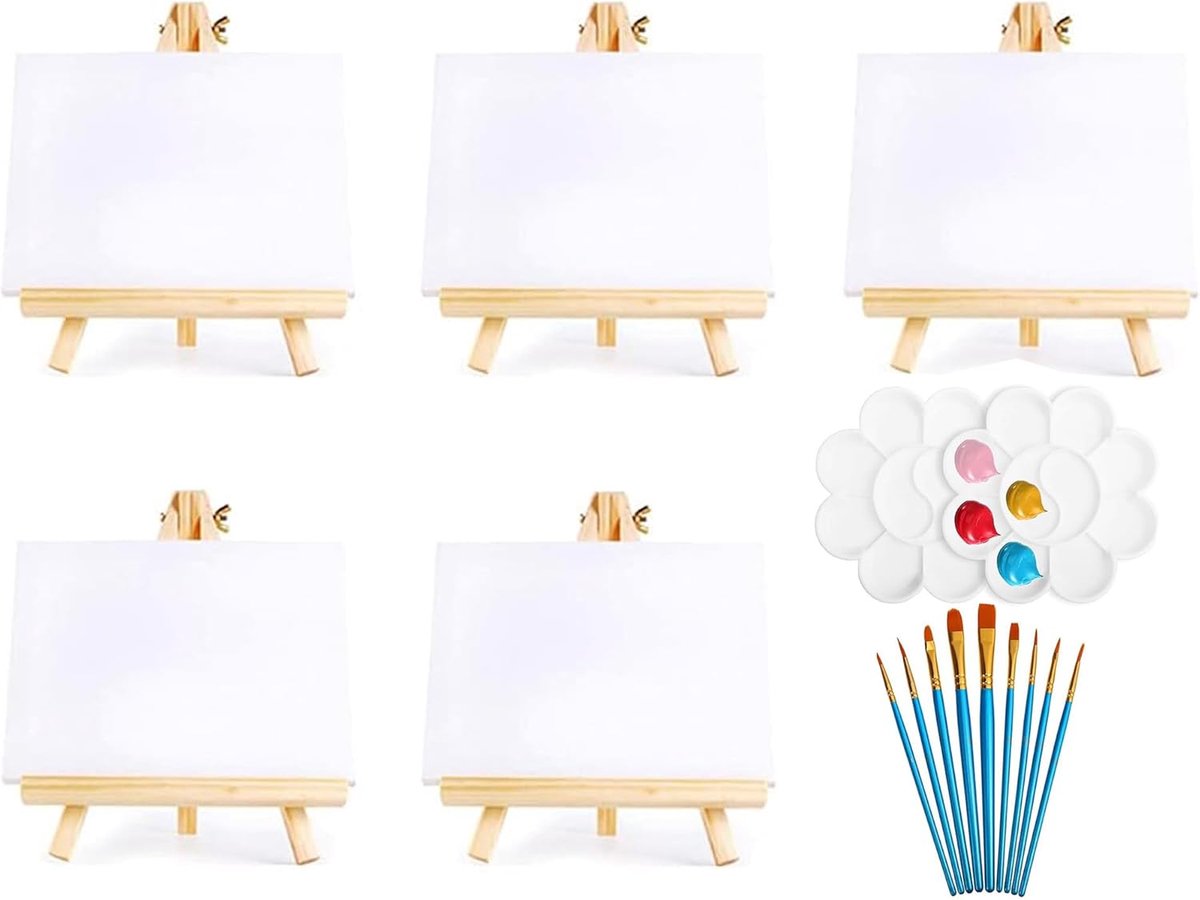 5 stuks canvas 13 x 18 cm met houten ezel driehoekig 14 x 20 cm voor decoratie, display, foto's, visitekaartjes en fotoalbums