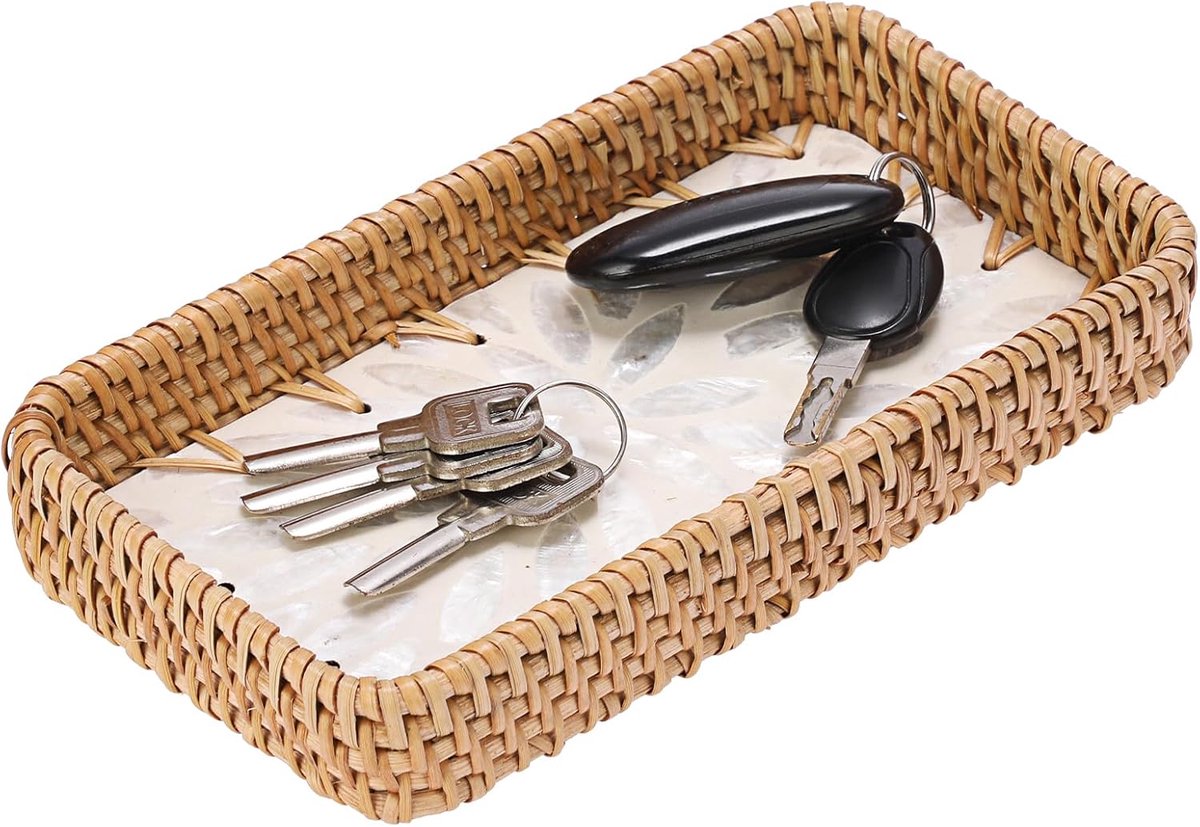 rotan mand met parelmoer inlay, decoratieve sleutelhanger, sleutelrek voor haltafel, rechthoekig (21 x 11 x 4 cm), wit