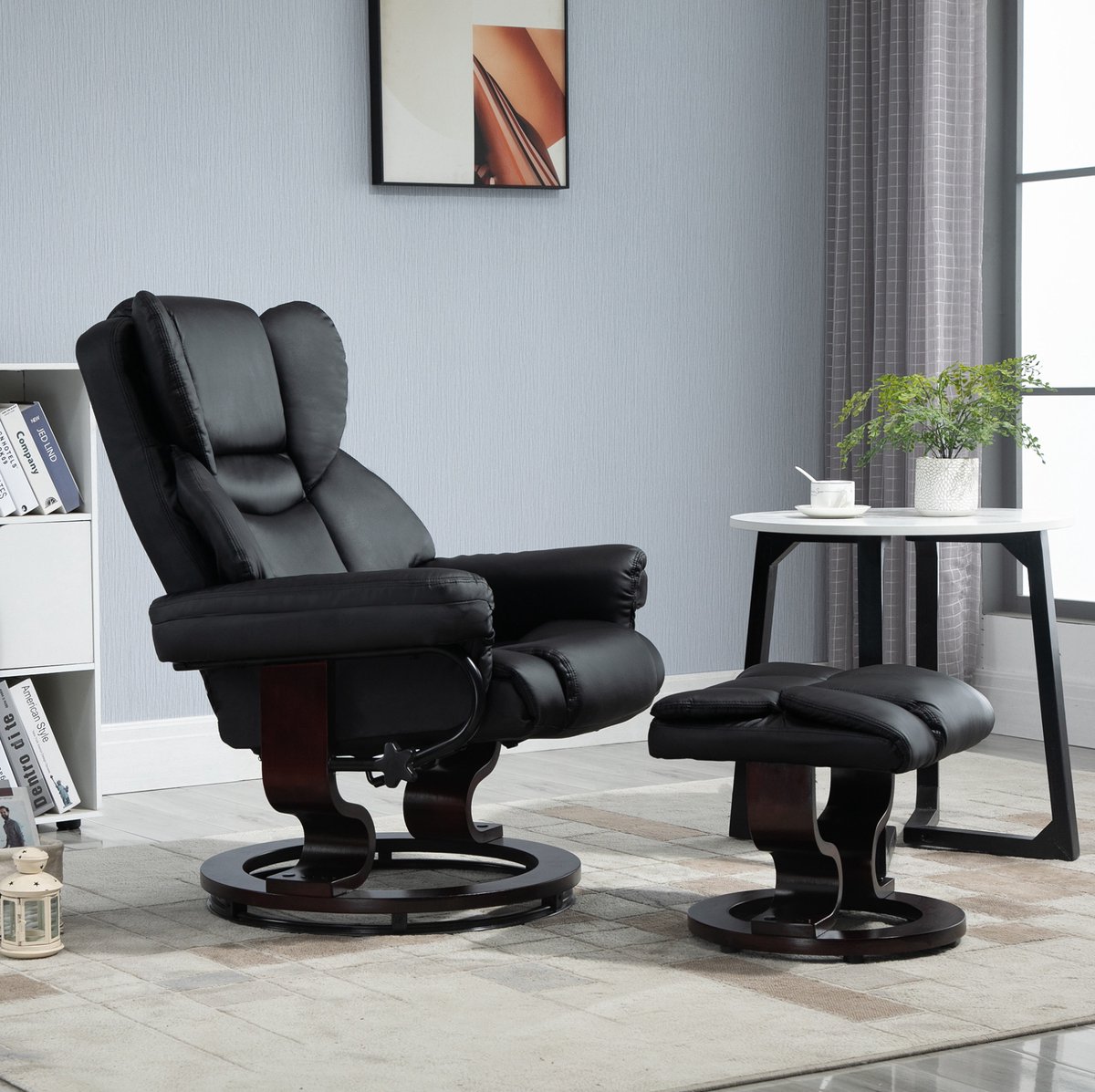 MEUNIQ relaxfauteuil met hocker 80 x 79 x 100 cm, handmatig verstelbaar tot 145°, 360° draaibaar, kunstleer, met armleuningen voor woonkamer of leeshoek Zwart