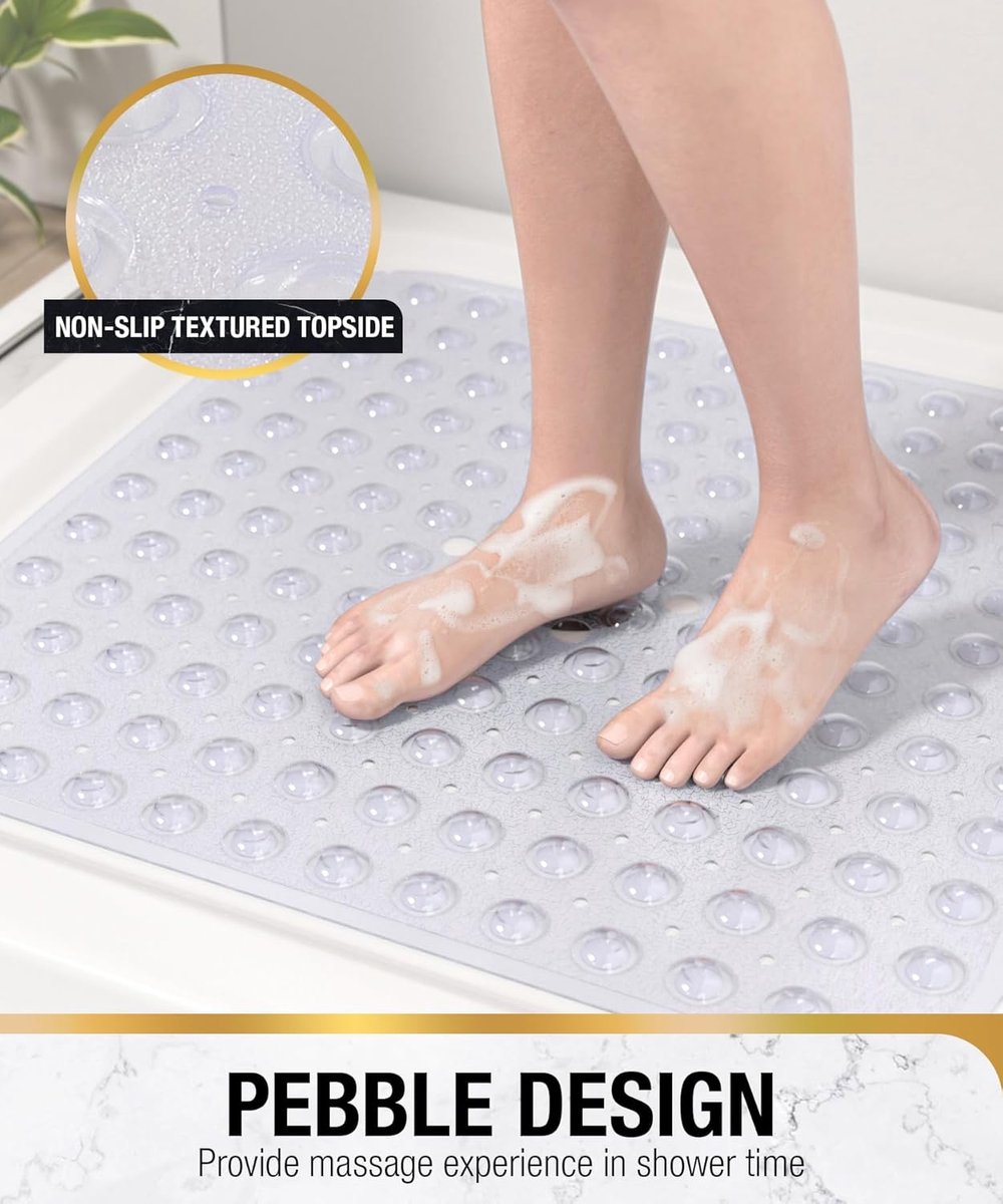 Antislip douchemat, 53 x 53 cm, antislip badmat met zuignappen, machinewasbaar, BPA-vrij, zacht aan de voeten, transparant