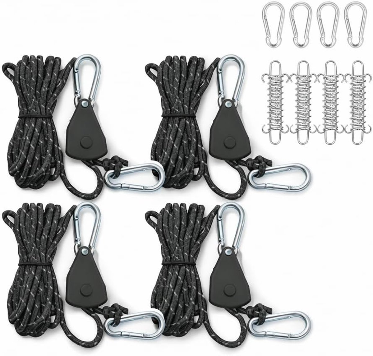 Ratel, 4-delige Spanband Set met Karabijnhaken en Veren, Verstelbaar Spankoord zonder Knopen voor Schaduwdoek, Zeil, Camping, Tuin, Fiets, Bagage en Planten