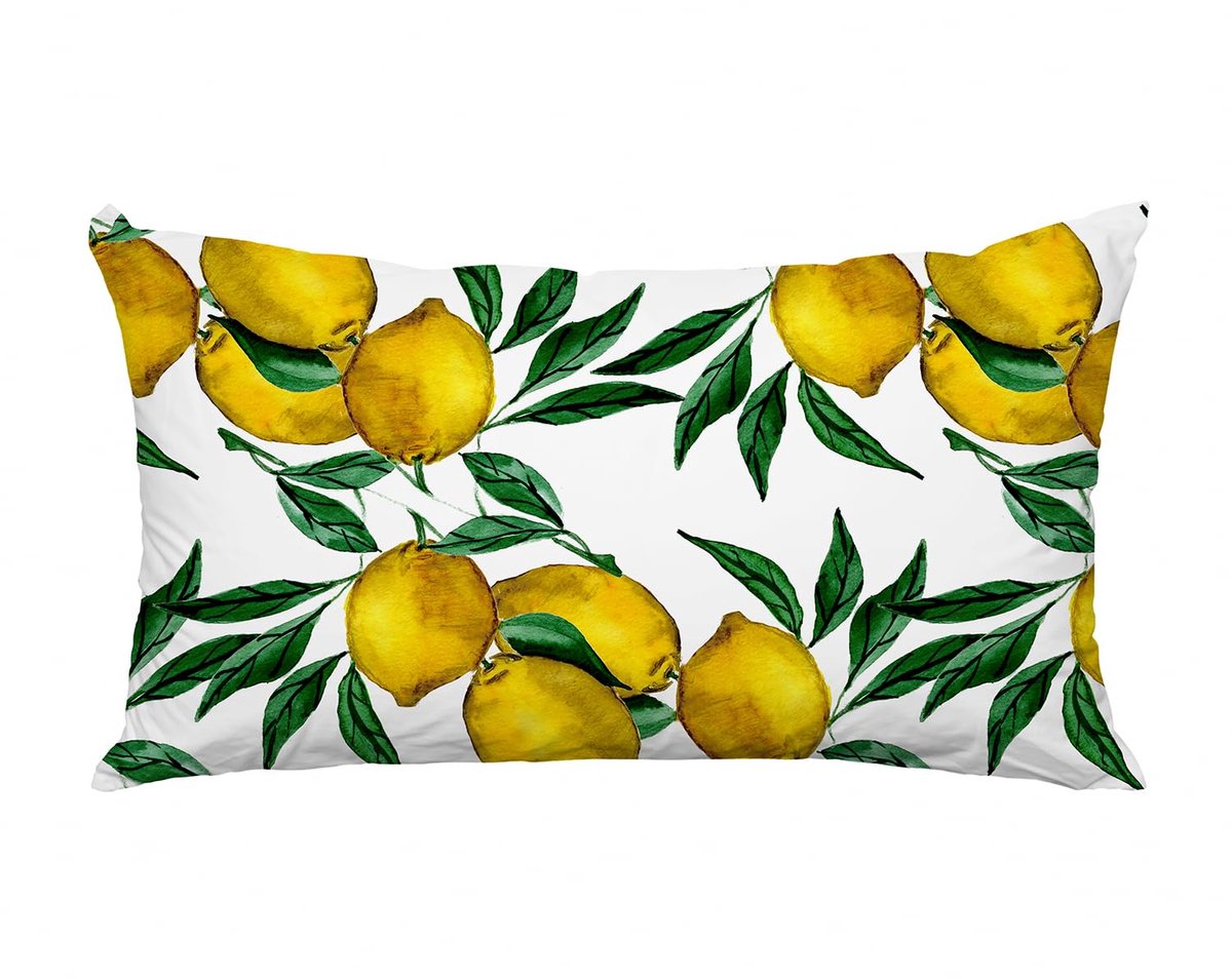 Kussenhoes voor buiten, weerbestendig, geel met citroenen en bloemen, lente- en zomerdesign, waterdicht, voor bank, tuin, balkon en terras (citroen, 60 x 40 cm, zonder)