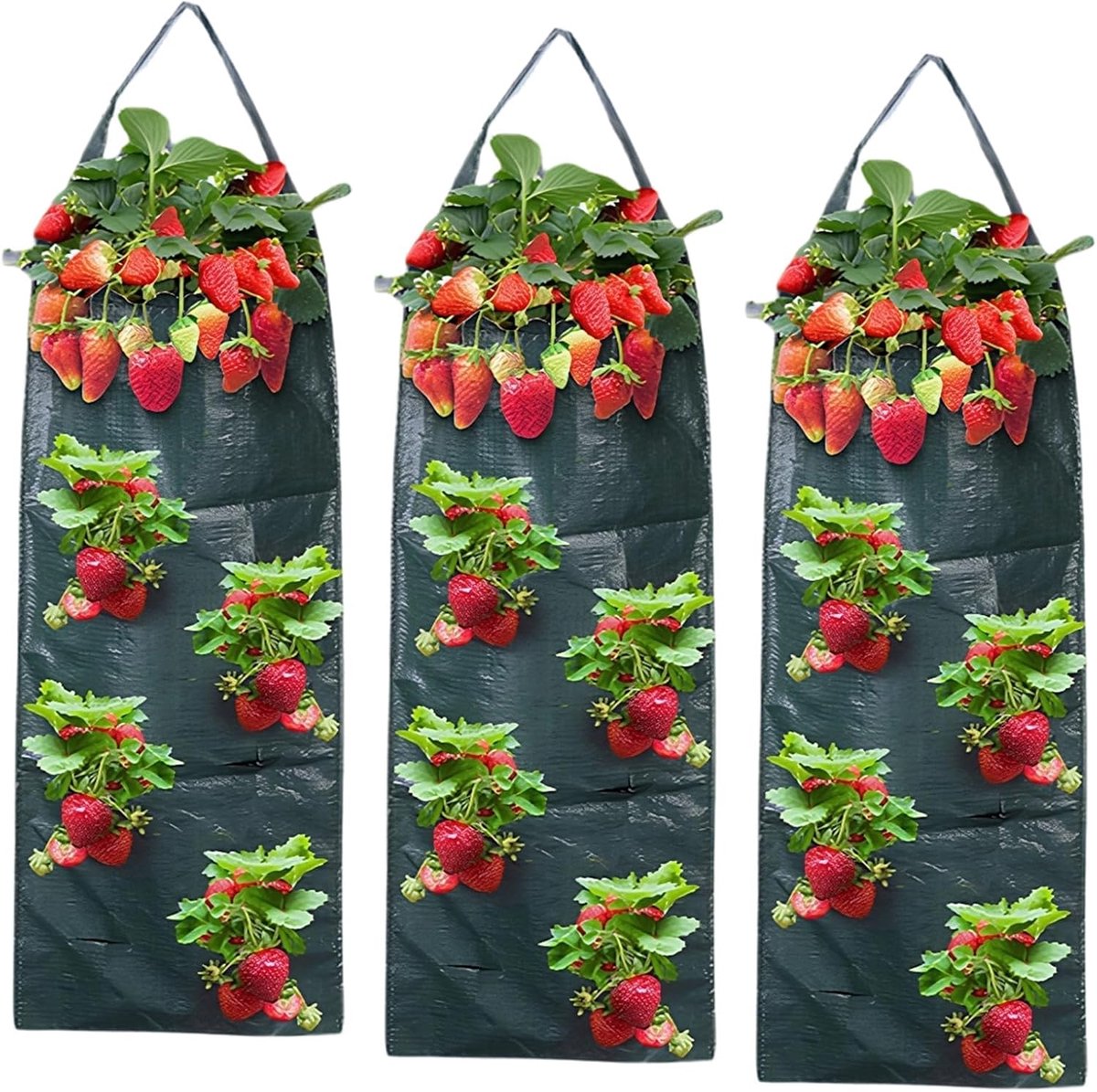 Zakken voor buiten, aardbeienzak met 8 gaten, ademende en duurzame plantenzakken met handvatten, plantenzak voor aardbeien, tomaten, groenten (groen)