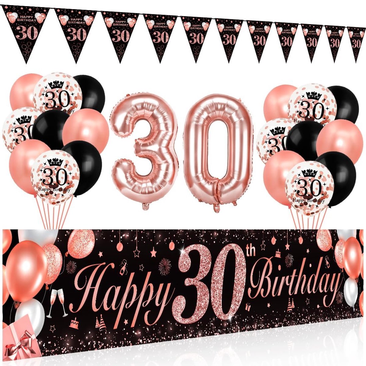 30e verjaardag zwart roségoud, 30e verjaardagsdecoratie voor vrouwen, banner 30, Happy Birthday slinger, confetti ballonnen, verjaardagsdecoratie voor 30 jaar
