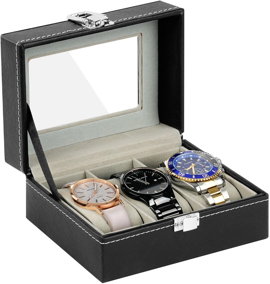 Horlogebox Met 3 Sleuven, Horlogekast Met Glazen Deksel, Pu Leren Horloge Display Opbergdoos Met Verwijderbare Horlogekussentjes, Voor Sieraden Armbanden Bangles Opbergruimte (Zwart)